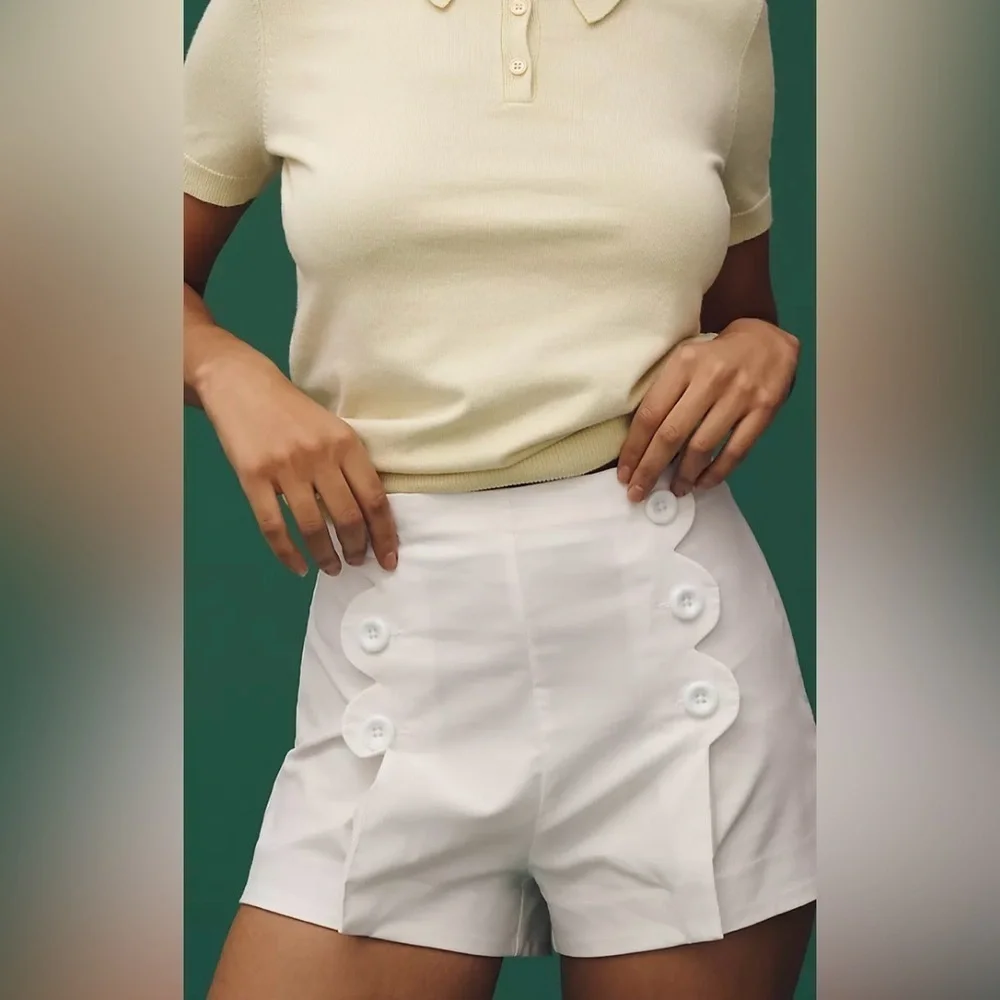 Anthropologie Maeve Scallop Button Shorts White Women's - Picture 1 of 8